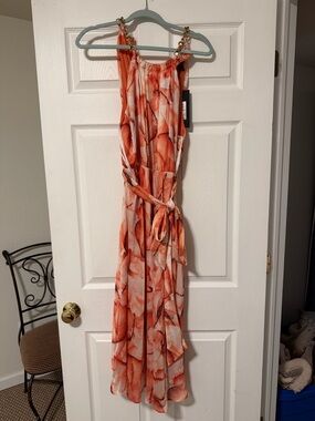Donna Karan Orange and White Printed Maxi Dress with Chain Straps